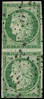 EMISSION DE 1849 - 2    15c. Vert, PAIRE Verticale Obl. ETOILE, Pli, Aspect TB - 1849-1850 Ceres