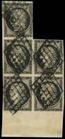 EMISSION DE 1849 - 3    20c. Noir Sur Jaune, BLOC De 5 Grand Bord De Feuille, Obl. GRILLE, Cote Du BLOC De 4, TTB. Br - 1849-1850 Cérès
