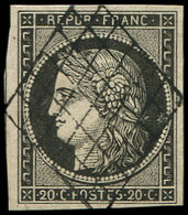 EMISSION DE 1849 - 3c   20c. GRIS NOIR, Obl. GRILLE, TB/TTB. J - 1849-1850 Cérès