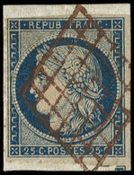 EMISSION DE 1849 - 4    25c. Bleu, Obl. GRILLE ROUGE S. Fragt, Filet à Peine Effl. S. 2 Mm, Sinon TB. C, Cote Dallay - 1849-1850 Cérès