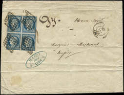 Let EMISSION DE 1849 - 4    25c. Bleu, BLOC De 4, 2 Ex. Pli D'archive Dont 1 Touché, Obl. GRILLE S. Env., Càd LYON 17/10 - 1849-1850 Ceres