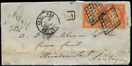 Let EMISSION DE 1849 - 5    40c. Orange, PAIRE Obl. GRILLE S. LAC, Càd (ES) PARIS (ES) 7/5/50 (ES), Arr. LONDON Càd Sur  - 1849-1850 Cérès