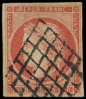 EMISSION DE 1849 - 7     1f. VERMILLON, Obl. GRILLE, Jolie Nuance, Très Frais Et TTB, Certif. Calves - 1849-1850 Ceres