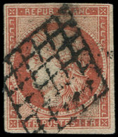 EMISSION DE 1849 - 7     1f. VERMILLON, Obl. GRILLE, TB, Certif. Scheller - 1849-1850 Ceres