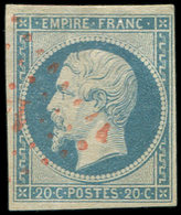 EMPIRE NON DENTELE - 14Af 20c. Bleu Laiteux, T I, Obl. PC ROUGE, TB. C - 1853-1860 Napoléon III.