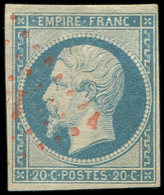 EMPIRE NON DENTELE - 14Af 20c. Bleu Laiteux, T I, Obl. PC ROUGE, TB. C - 1853-1860 Napoleon III