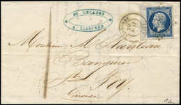 Let EMPIRE NON DENTELE - 14Aa 20c. Bleu Foncé, BORD De FEUILLE, Obl. PC 1714 S. LAC, Càd T15 LIBOURNE 20/5/57, TTB - 1853-1860 Napoleone III