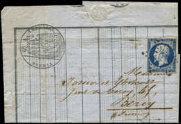 Let EMPIRE NON DENTELE - 14Ab 20c. Bleu NOIR Obl. ETOILE à Paris 2/5 S. LAC D'Auxerre 27/4/56 Avec Timbre Impérial à 35c - 1853-1860 Napoléon III