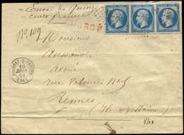 Let EMPIRE NON DENTELE - 14B  20c. Bleu, T II, BANDE De 3 Obl. PC 1338 S. Env. CHARGE, Càd T15 FRESNAY-S-SARTHE 10/9/61, - 1853-1860 Napoléon III.