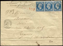 Let EMPIRE NON DENTELE - 14B  20c. Bleu, T II, BANDE De 3 Obl. PC 1338 S. Env. CHARGE, Càd T15 FRESNAY-S-SARTHE 10/9/61, - 1853-1860 Napoleon III