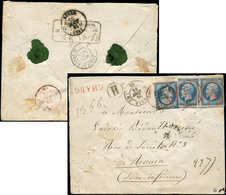 Let EMPIRE NON DENTELE - 14B  20c. Bleu, T II, PAIRE + 1 Ex. Obl. Los. H Et Càd ROUGE Du Bureau Central 5 PARIS 5 29/8/6 - 1853-1860 Napoléon III