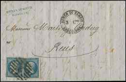 Let EMPIRE DENTELE - 22   20c. Bleu (2) Obl. GC 2 ESPAGNOL S. LAC, Cachet ADMON De CAMBIO BARCELONA 3 Ctos, Arr. REUS 13 - 1862 Napoleone III