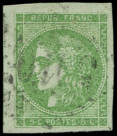 EMISSION DE BORDEAUX - 42B   5c. Vert-jaune, R II, Grandes Marges, Filet De Voisin à Gauche, Obl. GC, TB/TTB - 1870 Bordeaux Printing