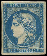* EMISSION DE BORDEAUX - 44A  20c. Bleu, T I, R I, Réparé, Plaisant D'aspect - 1870 Emissione Di Bordeaux
