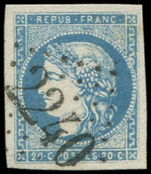EMISSION DE BORDEAUX - 44B  20c. Bleu, T I, R II, Très Belles Marges, Obl. GC 2240, Superbe. C - 1870 Bordeaux Printing