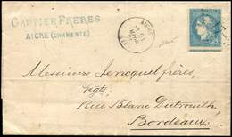 Let EMISSION DE BORDEAUX - 44A  20c. Bleu, T I, R I, PERCE En LIGNES, Obl. GC 17 Sur LAC, Càd T16 AIGRE 21/3/71, TB, Cot - 1870 Emissione Di Bordeaux