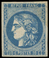 * EMISSION DE BORDEAUX - 46Ad 20c. Bleu-OUTREMER, T III, R I, Nuance Certifiée Calves, TB. C - 1870 Emission De Bordeaux