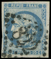 EMISSION DE BORDEAUX - 46Bh 20c. Bleu-OUTREMER, T III, R II, Obl. GC 832, Nuance Certifiée JF Brun, TB/TTB - 1870 Emissione Di Bordeaux