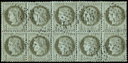 CERES DENTELE - 50    1c. Vert Olive, BLOC De 10 Avec 3 T. Cadre Inférieur Cassé, Obl. GC 4445, TB - 1871-1875 Cérès