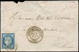 Let CERES DENTELE - 60C  25c. Bleu, T III, PLI ACCORDEON, Obl. Càd T17 CHATELLERAULT 2/6/76 S. Env., R Et TB - 1871-1875 Cérès