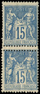 * TYPE SAGE - 90   15c. Bleu, PAIRE Verticale, DOUBLE PIQUAGE Central, Un Ex. **, TB - 1876-1878 Sage (Typ I)