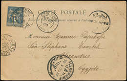 Let TYPE SAGE SUR LETTRES - N°90 Obl. Càd ST ETIENNE 23/1/00 Sur CP, Arr. ALEXANDRIE Le 30/1, Tarif Des Levées Exception - 1877-1920: Periodo Semi Moderno