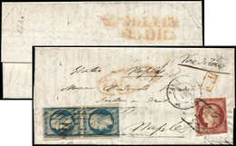 Let DESTINATIONS - N°6 Et 10 PAIRE Obl. GRILLE SANS FIN S. LAC, Càd PARIS 9/12/52 Pour NAPLES, 2 T. Touchés Mais Pièce P - 1849-1876: Période Classique