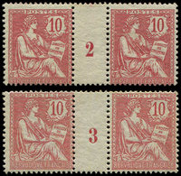 ** EMISSIONS DU XXème SIECLE - 124   Mouchon Retouché, 10c. Rose, 2 PAIRES Mill.2 Et 3, Un T. *, TB - Unused Stamps