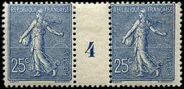 * EMISSIONS DU XXème SIECLE - 132   Semeuse Lignée, 25c. Bleu, PAIRE Mill.4, Un T. **, TB - Unused Stamps