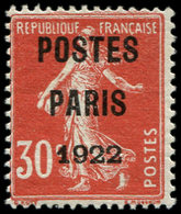 * PREOBLITERES - 32  30c. Rouge, POSTES PARIS 1922, TB. Br - 1893-1947
