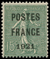 * PREOBLITERES - 34  15c. Vert-olive, POSTES FRANCE 1921, Quasiment **, TTB, Certif. Calves - 1893-1947