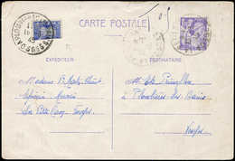 Let TAXE - 70  Gerbes,  1f. Bleu-violet, MOITIE De Timbre Obl. Plombières 15/3/45 Sur CP Entier Iris 1f20, R Et TB - 1859-1959 Oblitérés