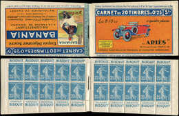CARNETS (N°Cérès Jusqu'en1964) - 38   Semeuse Camée, 25c. Bleu, N°140B, T II, S. 78, BANANIA-ARIES, TB - Other & Unclassified