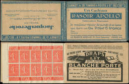 CARNETS (N°Cérès Jusqu'en1964) - 75   Semeuse Lignée, 50c. Rouge, N°199A, T I, S. 114-O, Couv. RASOIR APOLLO/JACQUES DER - Altri & Non Classificati