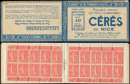 CARNETS (N°Cérès Jusqu'en1964) - 75   Semeuse Lignée, 50c. Rouge, N°199A, T I, S. 141 N, Couv. CERES, TB, RR - Autres & Non Classés