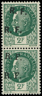 ** TIMBRES DE LIBERATION - BORDEAUX 7a : 2f. Vert, DOUBLE Surcharge, T II Et III Se Tenant, TB. S - Libération