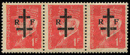 ** TIMBRES DE LIBERATION - LILLE 10 : 1f. Rouge, BANDE De 3, Un Ex. SANS Le F, TB, Signé Mayer - Liberazione