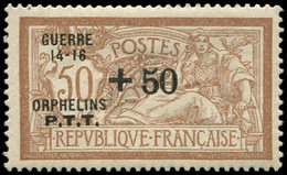 * VARIETES - 120   Merson, 50c. Brun Et Gris, Surcharge Noire GUERRE 14-18 ORPHELINS P.T.T. +50, TB, Cote Maury - Neufs