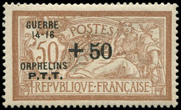 * VARIETES - 120   Merson, 50c. Brun Et Gris, Surcharge Noire GUERRE 14-18 ORPHELINS P.T.T. +50, TB, Cote Maury - Unused Stamps