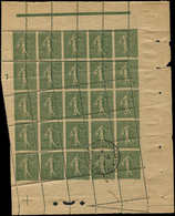 ** VARIETES - 130   Semeuse Lignée, 15c. Vert-gris, Papier GC, BLOC De 25 Avec Bords PIQUAGE à CHEVAL Et OBLIQUE, Càd Ve - Unused Stamps