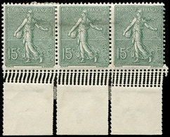 * VARIETES - 130   Semeuse Lignée, 15c. Vert Gris, BANDE De 3 Bdf, PIQUAGE DOUBLE 8 FOIS Sur Le Bord, TB - Unused Stamps