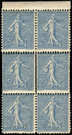 ** VARIETES - 132k  Semeuse Lignée, 25c. Bleu, DOUBLE PIQUAGE Horizontal Et Vertical Dans Un BLOC De 6, La Paire Sup. Es - Unused Stamps