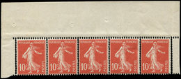 ** VARIETES - 138q  Semeuse Camée, 10c. Rouge, BANDE De 5 Avec DOUBLE PIQUAGE Sur Le Haut De Feuille, Superbe - Unused Stamps