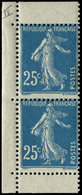 ** VARIETES - 140m  Semeuse Camée, 25c. Bleu, T IV, PAIRE Verticale De Carnet, TB - Unused Stamps