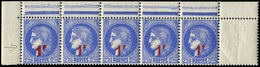 ** VARIETES - 487   Cérés, 1f. S. 2f.25 Outremer, BANDE De 5 Haut De Feuille, 1 Ex. DOUBLE Surcharge, RRR, TB, Certif. C - Neufs