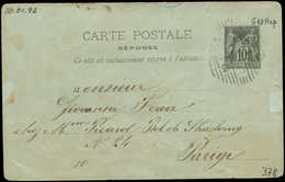 Let ENTIERS POSTAUX - Sage, 10c. Noir, CP Réponse N°G40 Obl. LIVORNO 10/1/92 Pour Paris, TB - Autres & Non Classés