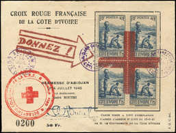 Let COTE D'IVOIRE 127A : 1f75 Bleu, BLOC De 4 Surch. D'une Grande Croix Rouge, Obl. ABIDJAN 14/7/45 Sur Carte Souvenir A - Other & Unclassified