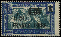 ** MADAGASCAR 241a : 0,50 Sur 0,05 Sur 1c. Bleu Et Vert Bleu, Surch. FRANCE LIBRE Noire, TB. S - Autres & Non Classés