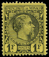 (*) MONACO 9 : 1f. Noir Sur Jaune, Charles III, Tirage De L'Exposition De 1900, Un Angle Arrondi, B/TB, RR, Certif. JF B - ...-1885 Precursori