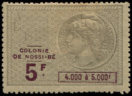 * NOSSI-BE Timbres Fiscaux Effet De Commerce, 5f. Violet Et Gris, Type Tasset De France, TB - Autres & Non Classés